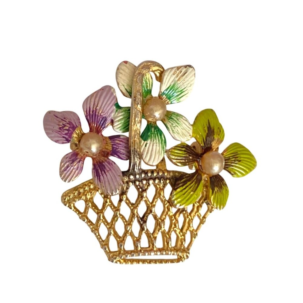 Vintage Brooch Enamel Flowers in Gold Tone Basket with Faux Seed Pearls 1.2 in